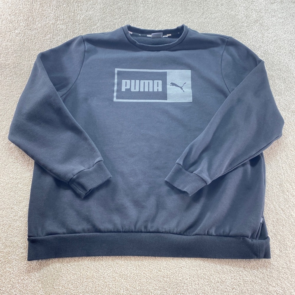 Puma Sweatshirt Mens XXL Black Graphic Box‎ Logo Crewneck Fleece Pullover